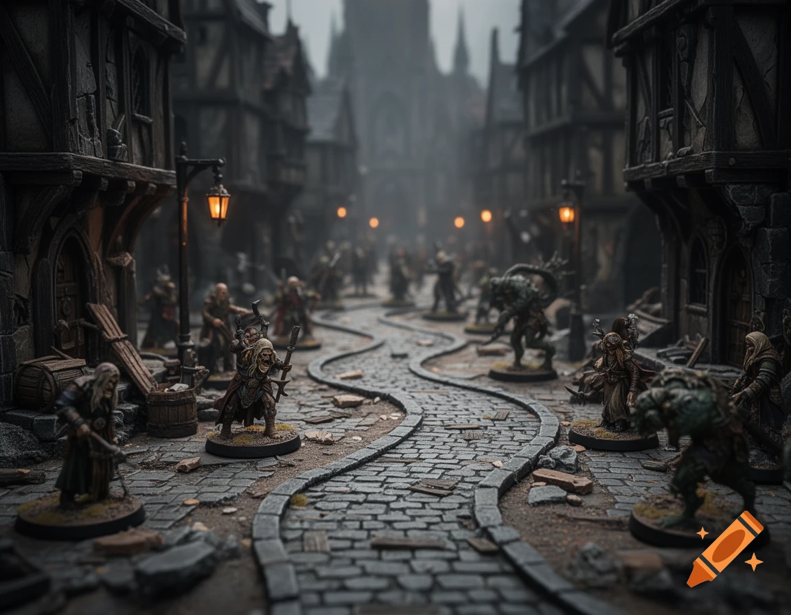 Miniature wargaming figures on a detailed dark fantasy city street board with ruined medieval buildings.