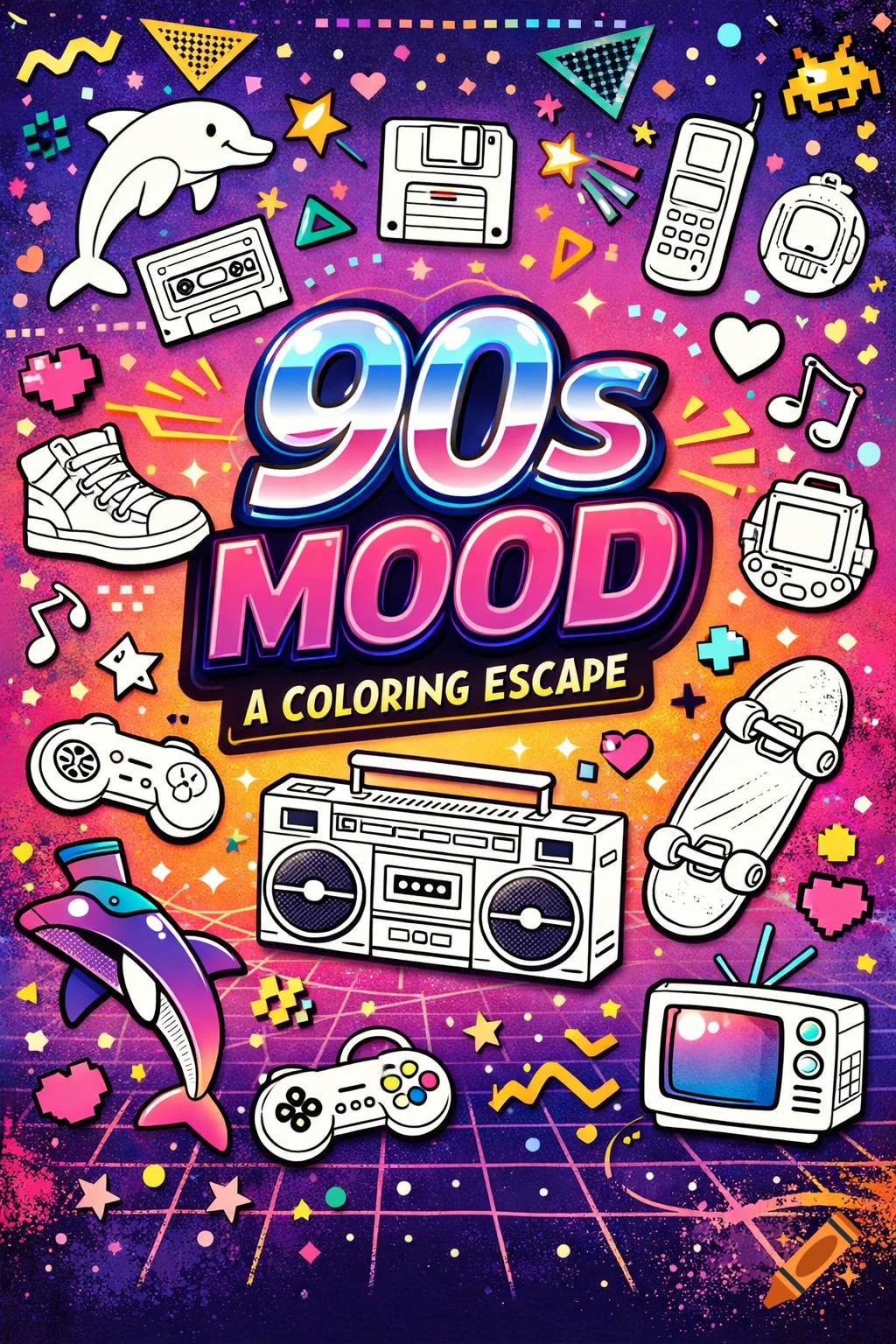 A vibrant 90s-themed coloring book cover titled "90s Mood: A Coloring Escape," surrounded by outlines of retro items like cassette tapes, boomboxes, and dolphins on a purple and pink gradient background.