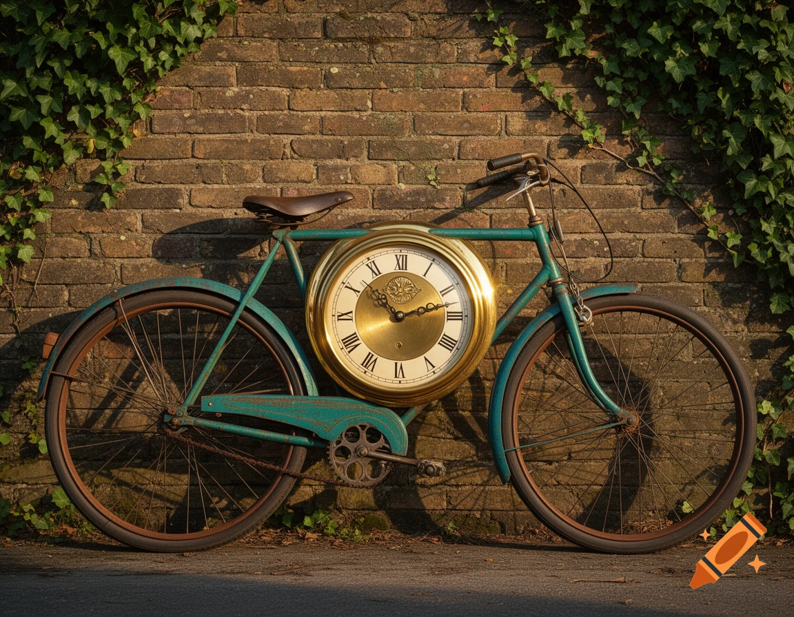 A vintage-style bicycle with a large brass clock mounted in its frame, leaning against an ivy-covered brick wall under warm sunlight.