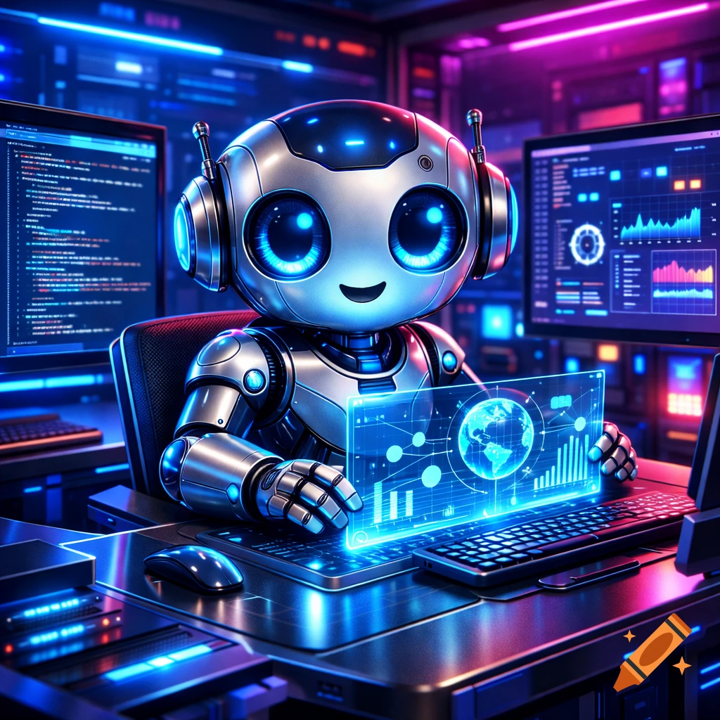 A friendly metallic robot with glowing blue eyes and headphones sits at ...