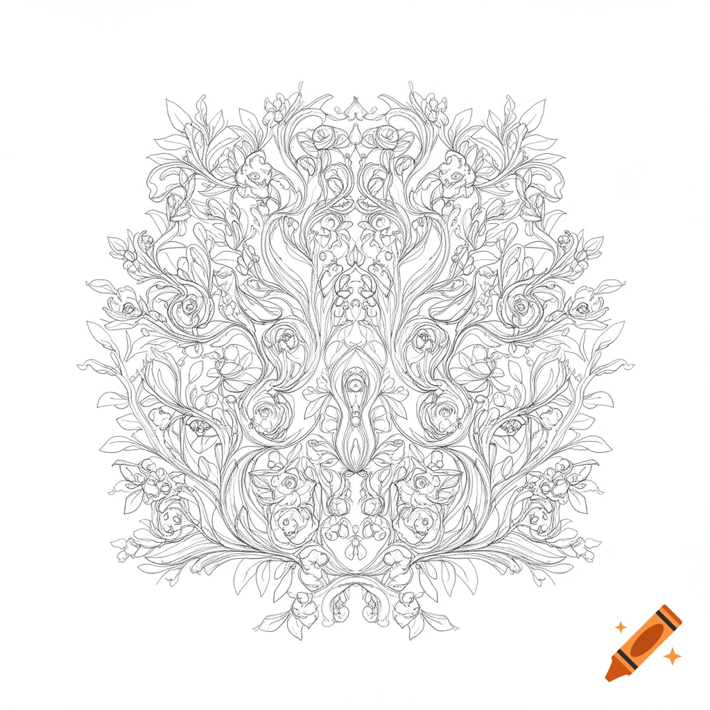 Highly detailed symmetrical floral outline drawing in black and white line art.
