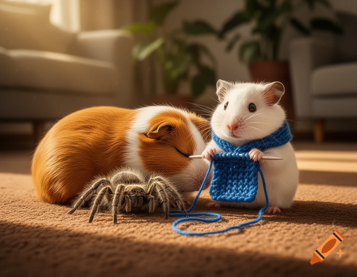 A white hamster wearing a blue scarf knits next to a sleeping guinea pig and a tarantula on a carpet, photorealistic.