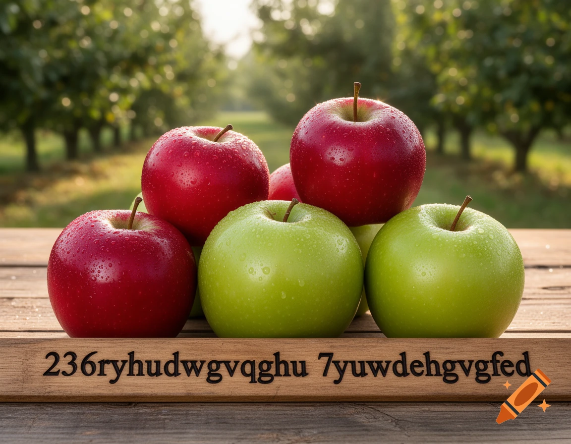 Red and green apples on a wooden plank with the text '236ryhudwgvqghu 7yuwdehgvgfed', set in an apple orchard.