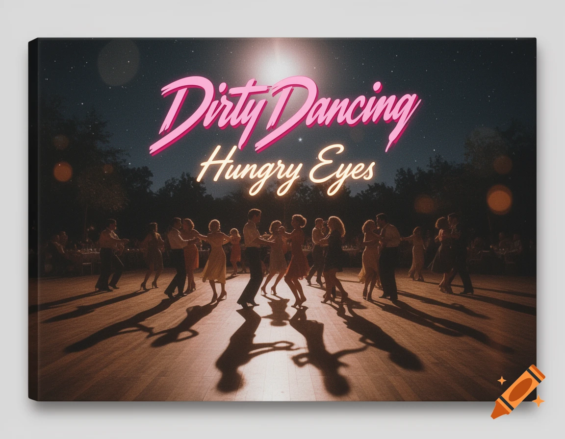 People dancing outdoors at night on a wooden floor under glowing pink and orange text 'Dirty Dancing Hungry Eyes' on a canvas.
