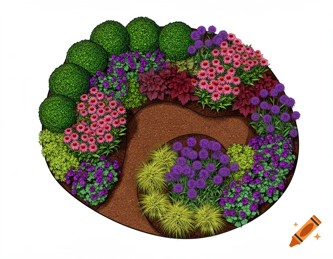Top-down landscape planting plan with curved mulch beds, green shrubs, pink coneflowers, purple geraniums, sedge, coral bells, and allium.