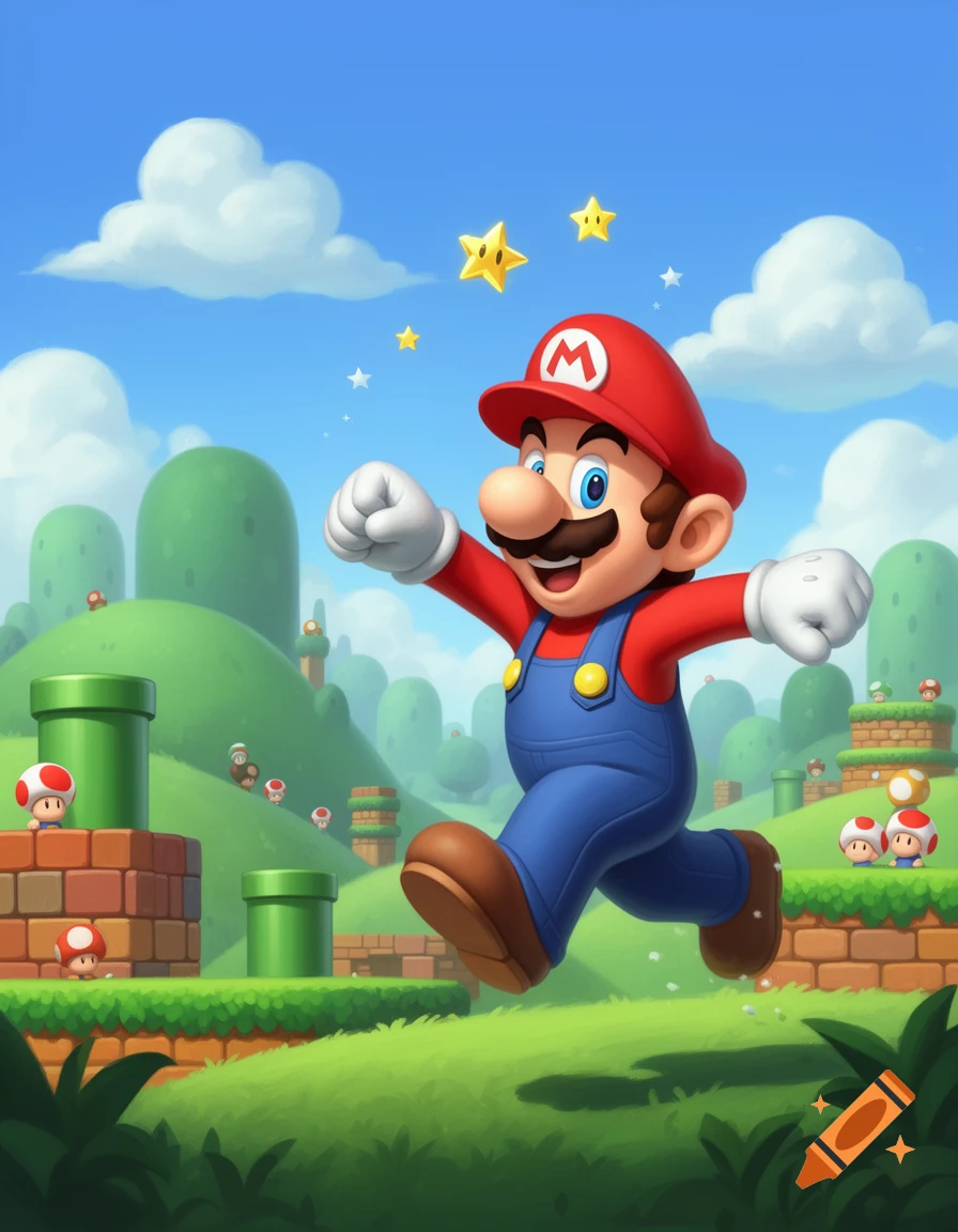 Mario runs and jumps through a bright, cartoonish Super Mario Bros. level with green hills and brick platforms.