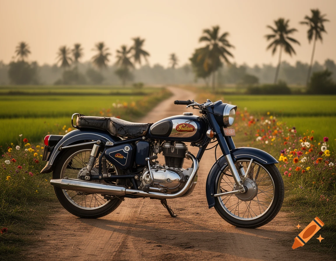 A vintage dark blue Indian motorcycle parked on a dirt road in a field with green crops and colorful wildflowers, under a hazy sky with palm trees in the background.