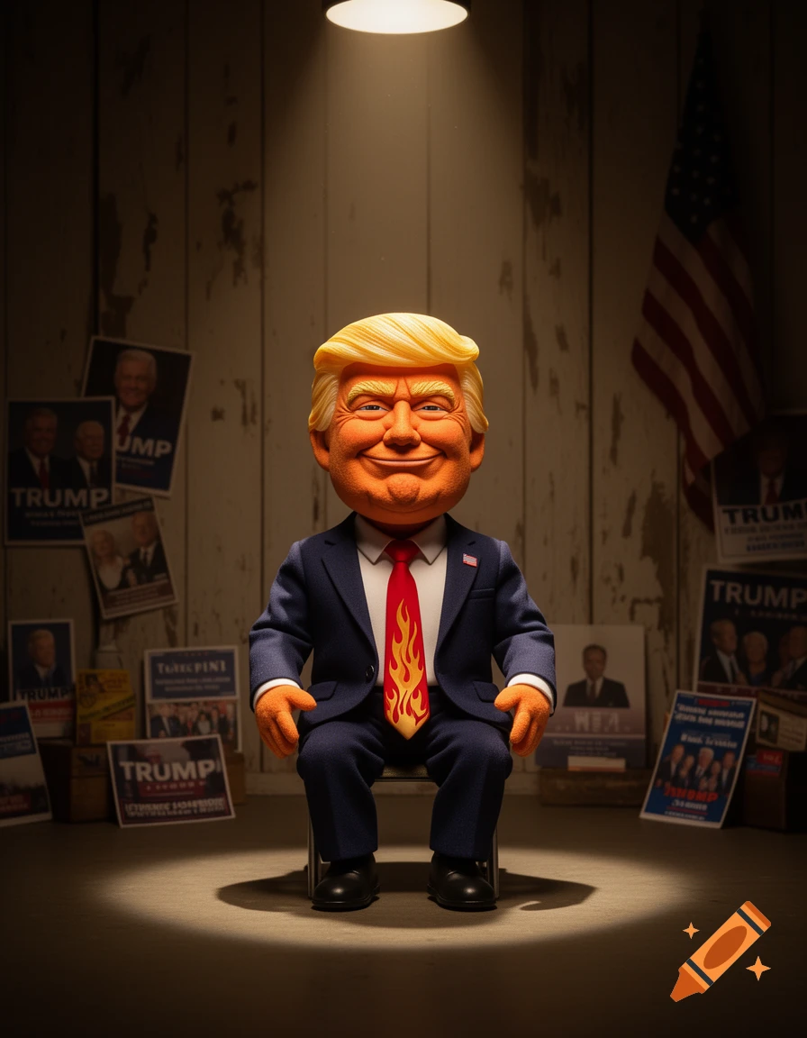 A Donald Trump-like puppet with a flaming tie sits in a spotlight, surrounded by political posters and an American flag.