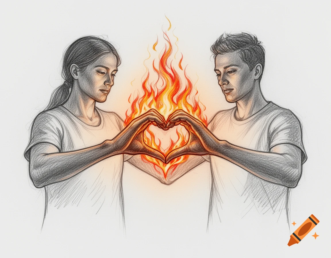 Pencil sketch of a man and woman forming a heart with their hands, emanating flames.