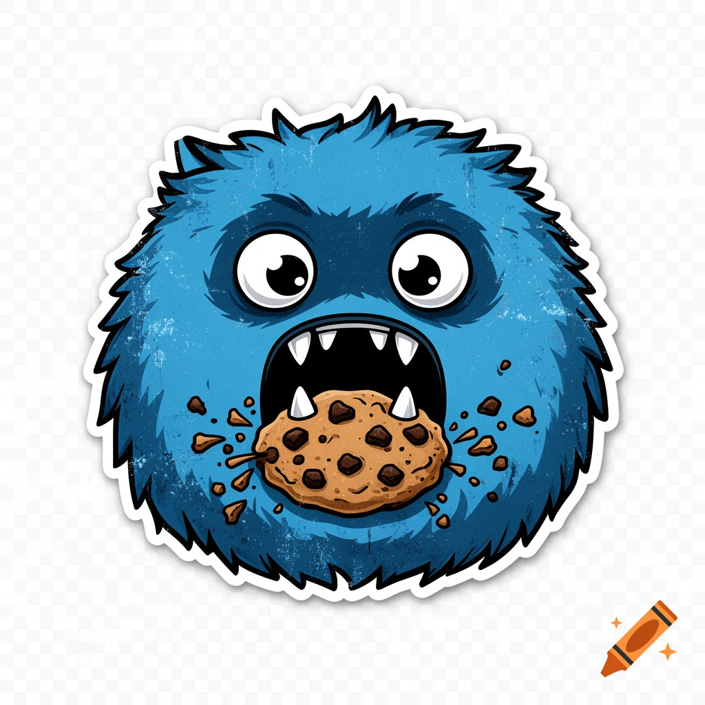 A cute blue fluffy monster with exaggerated googly eyes and sharp teeth eats a chocolate chip cookie, crumbs flying around, in a cartoon sticker style.