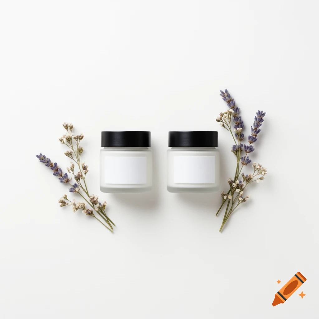 Two minimalist white glass jars with black lids and blank labels, flanked by dried lavender and wildflowers on a white background, top-down flat lay.