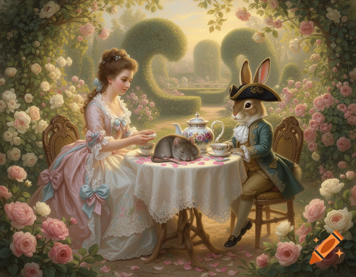 A Rococo woman and an anthropomorphic rabbit have tea in a rose garden, with a sleeping mouse on the table.