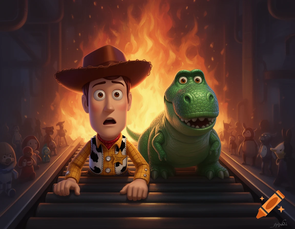Woody and Rex on a conveyor belt, looking scared as flames blaze behind them, with other toys in the background in an animated style.