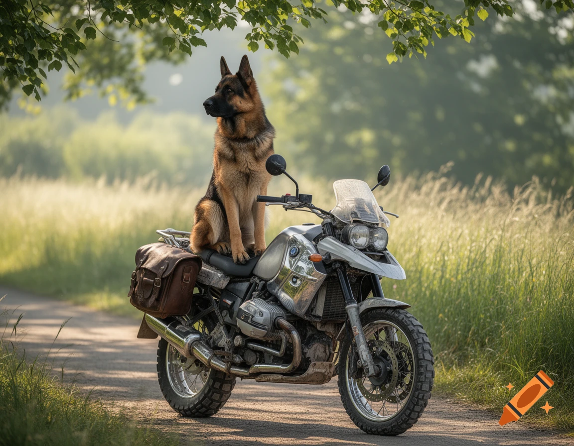 A German Shepherd dog sits on a silver adventure motorcycle parked on a dirt path in a sunny, grassy field.