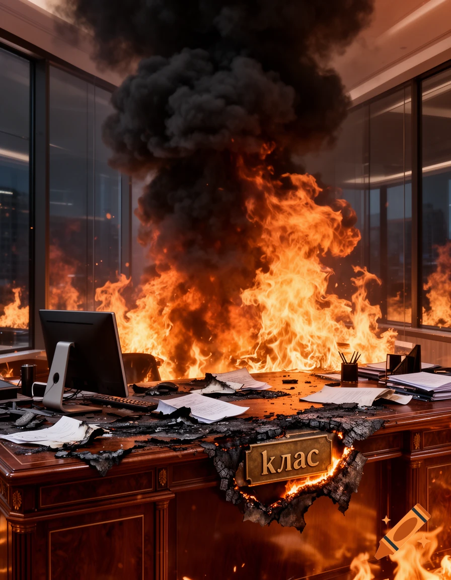 Photorealistic image of an office desk and room engulfed in intense flames and thick black smoke, with a burning 'клас' plaque on the desk.