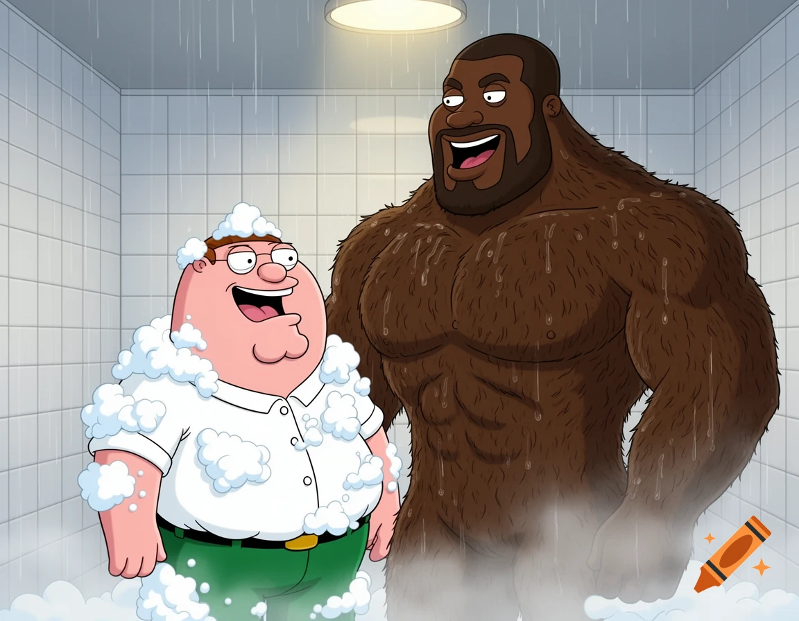 Cartoon of Peter Griffin covered in soap bubbles next to a muscular, hairy black man in a shower.