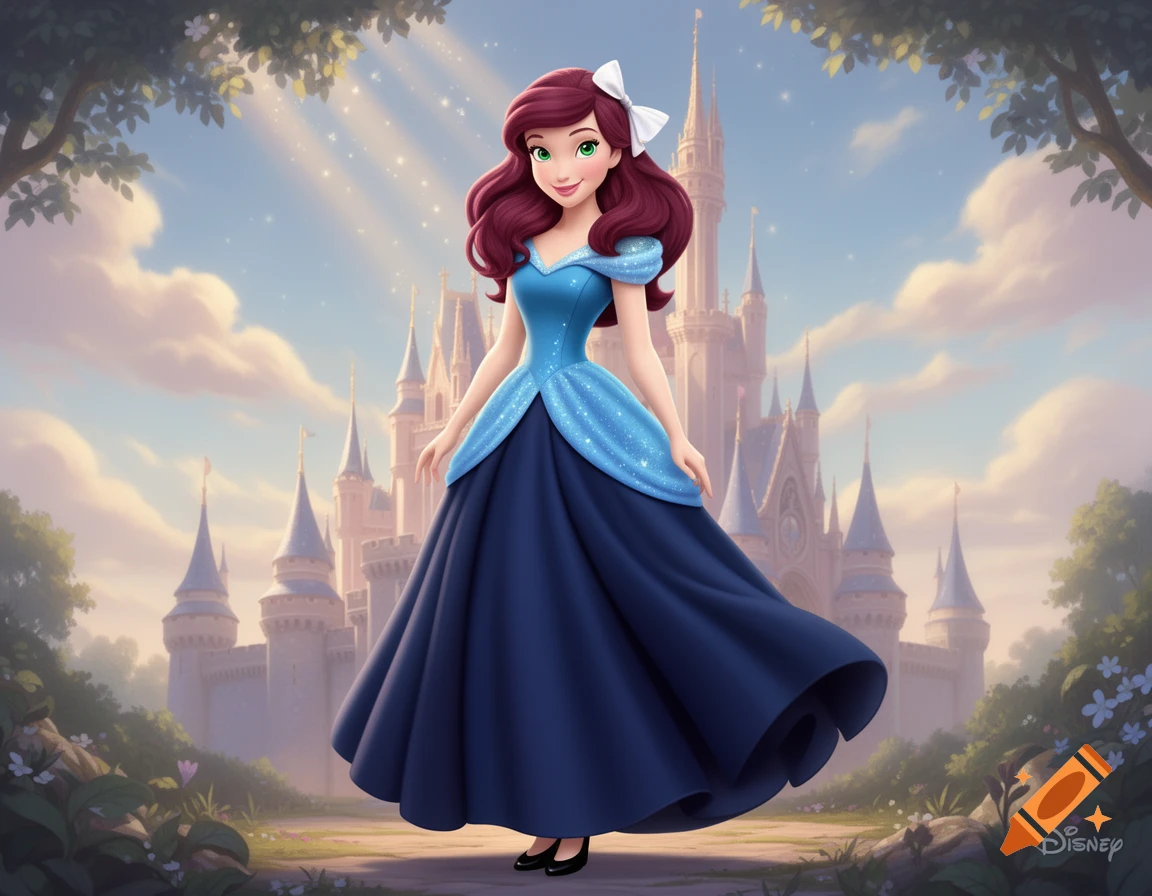 A Disney-style princess with maroon hair, white bow, green eyes, and a blue dress stands before a majestic castle under a sunny sky.
