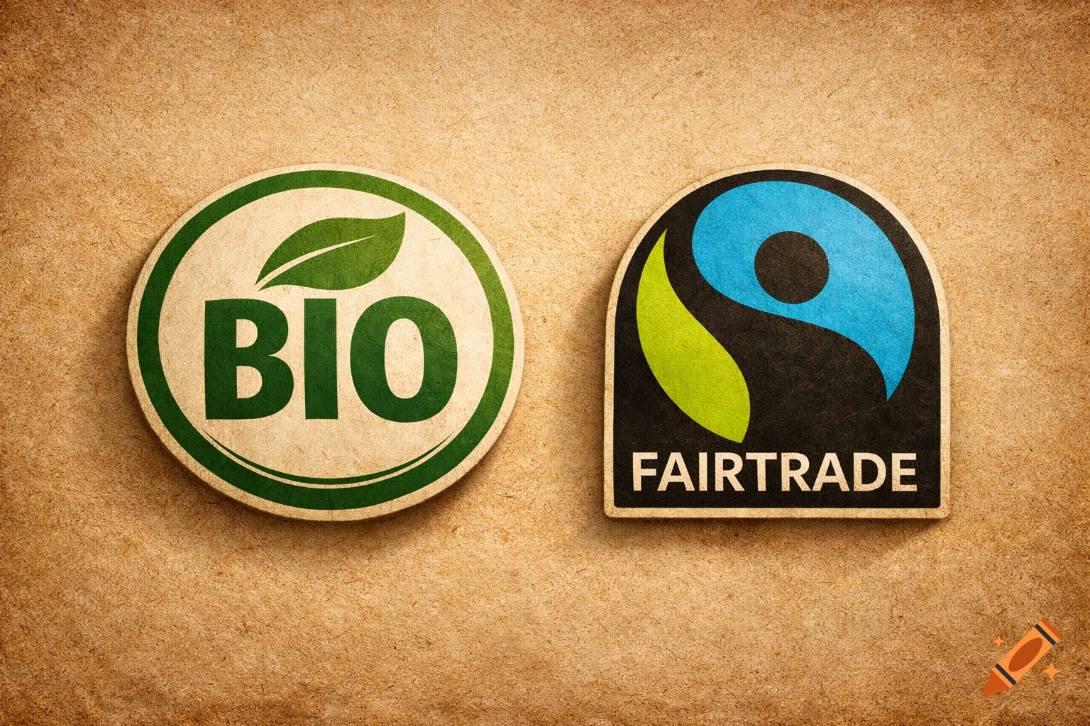 A circular green and beige 'BIO' logo with a leaf, next to an arched Fairtrade logo on a textured brown background.