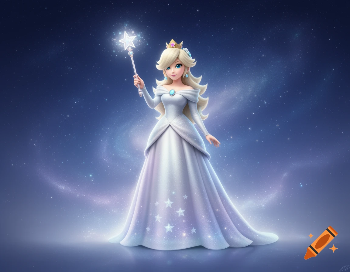 Rosalina in a sparkling white dress and crown, holding a glowing star wand against a starry blue night sky.