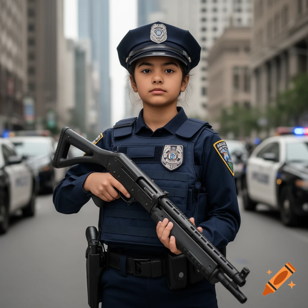 Photorealistic image of a young girl in police uniform and vest, holding a shotgun on a city street.