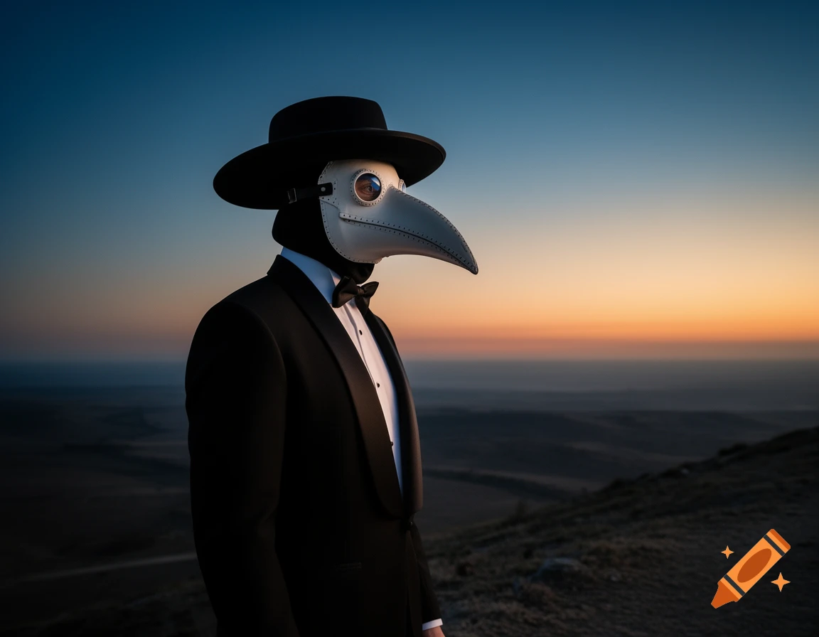 A photorealistic image of a person in a plague doctor mask and tuxedo standing on a hill, looking at a vast sunset landscape.