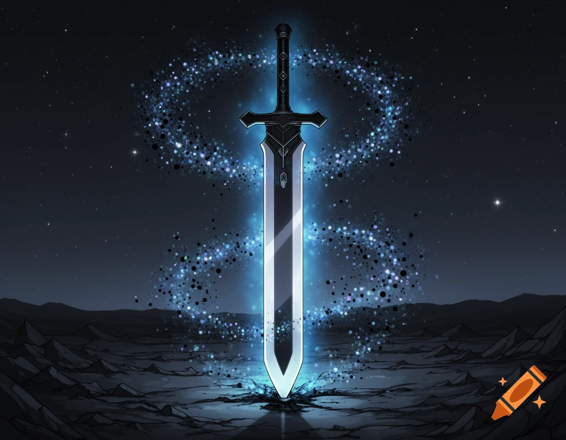 A glowing blue sword planted in dark, rocky ground under a starry night sky, with swirling particles, in anime style.