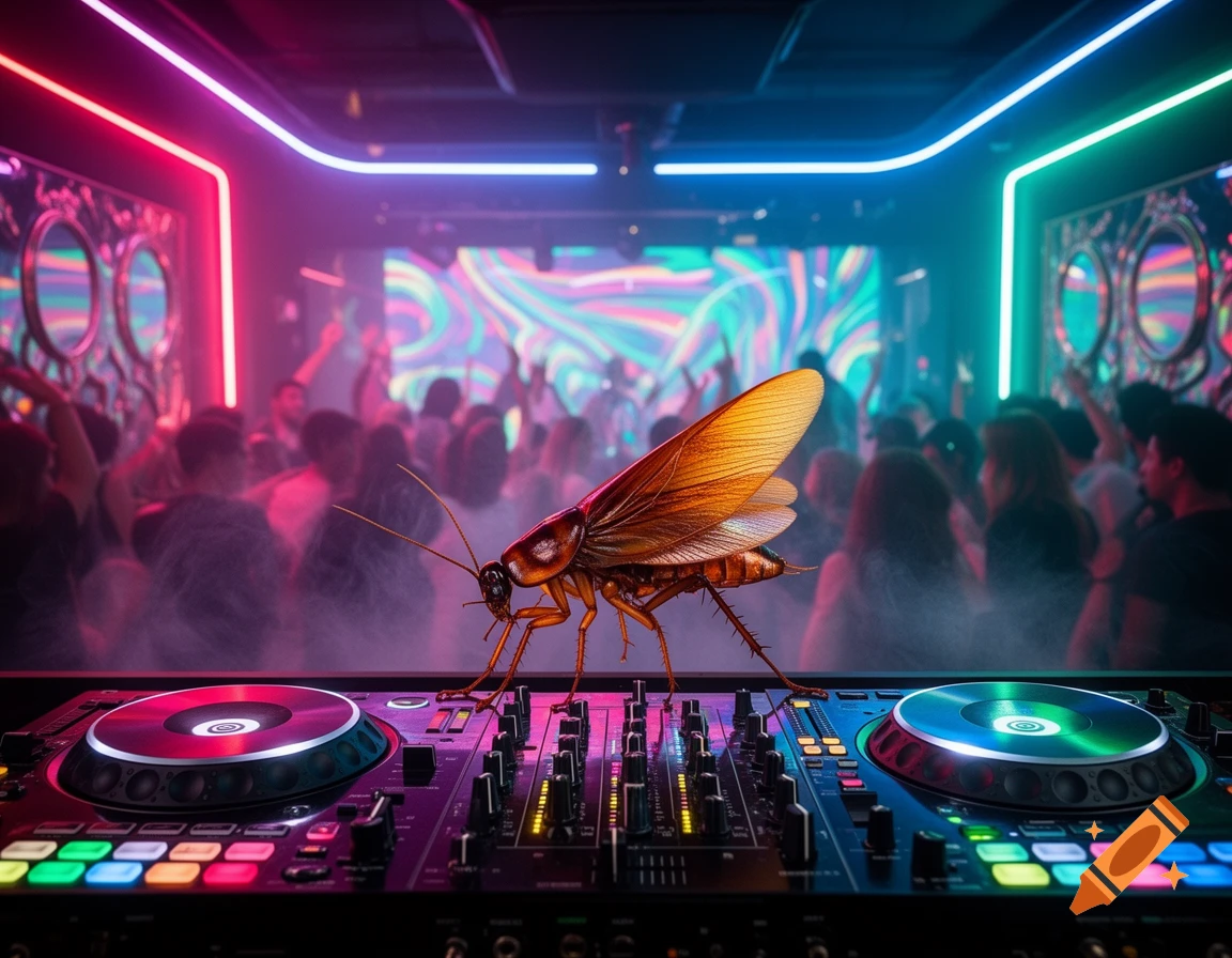 A detailed cockroach stands on a colorful DJ mixer in a neon-lit nightclub, with a blurred crowd dancing.