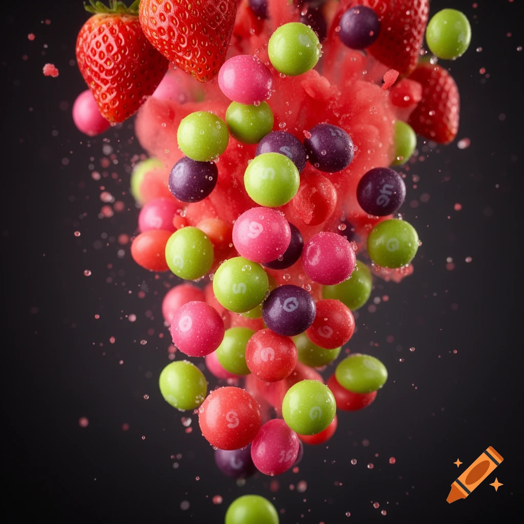 Photorealistic image of strawberries, watermelon chunks, and colorful candies with water droplets, appearing to explode against a dark background.