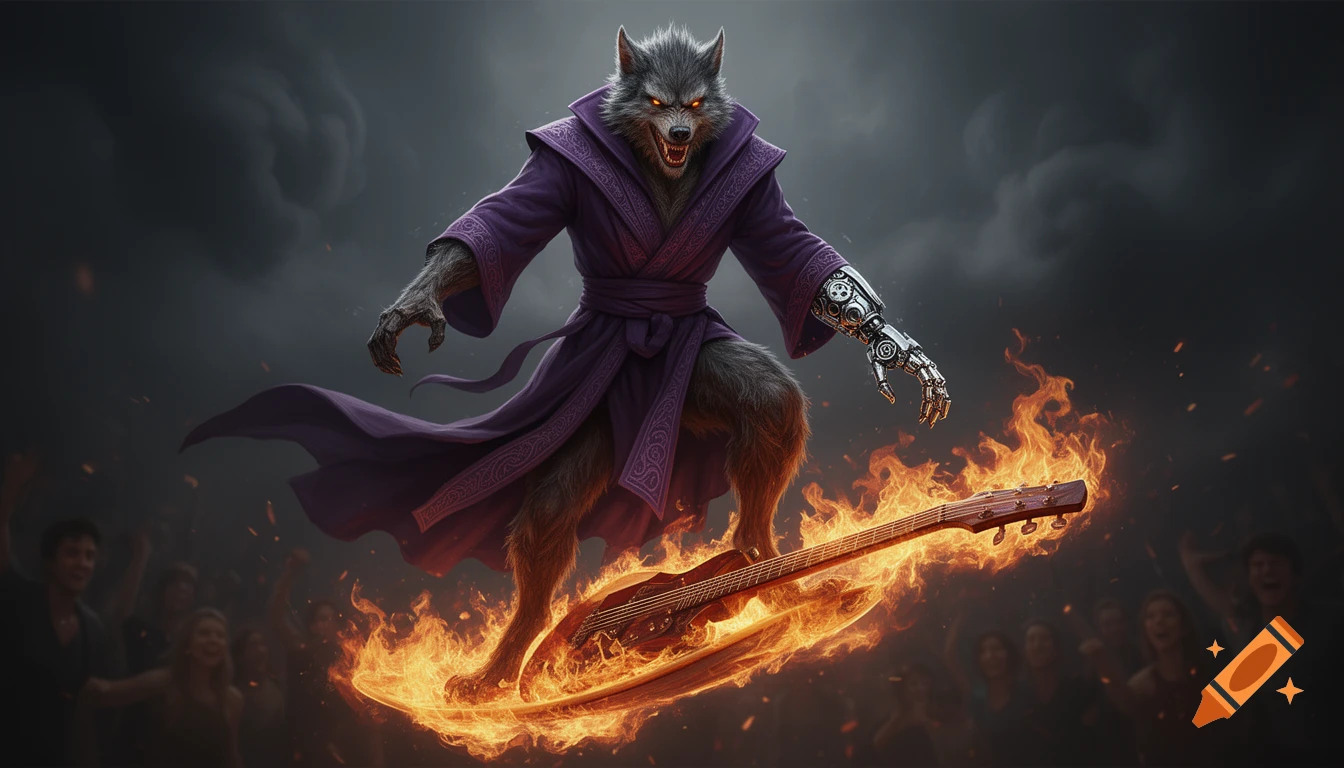 A fierce werewolf in a purple robe with a metal arm surfs on a burning guitar above a crowd.