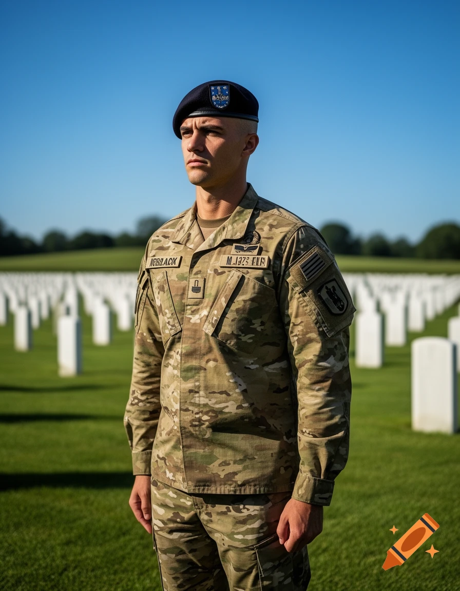 A solemn soldier in camouflage uniform and a dark beret stands at attention in a military cemetery with many white headstones in the background under a clear blue sky.