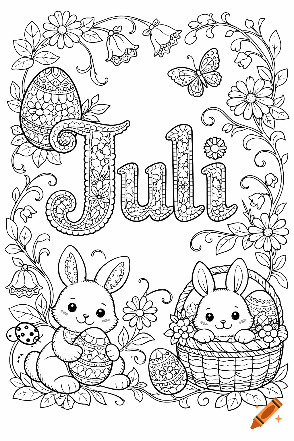 Black and white coloring page with the word Juli, two cute bunnies, decorated Easter eggs, flowers, and a butterfly.
