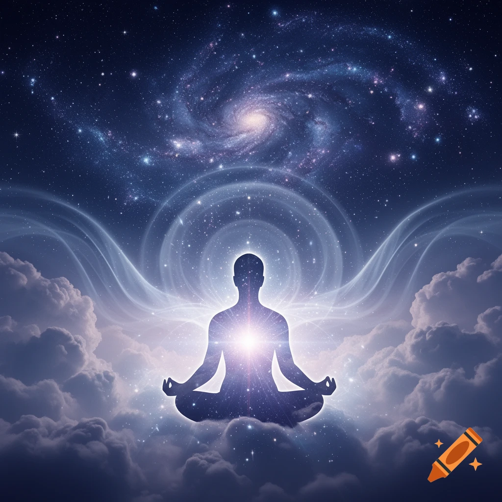 A silhouette meditating in a lotus position, glowing with light, amidst swirling clouds and a starry cosmic background with a galaxy.