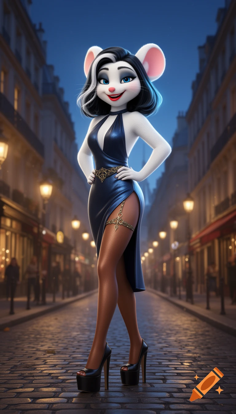 A glamorous anthropomorphic white mouse in a blue halterneck dress, stockings, and high heels poses on a Paris street at night, in a Pixar-Disney 3D animation style.