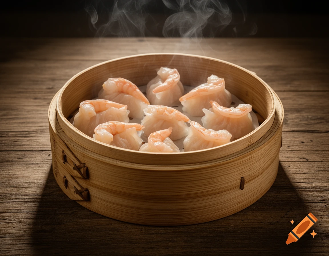 Photorealistic image of a bamboo steamer basket filled with steaming shrimp dumplings on a dark wooden table.