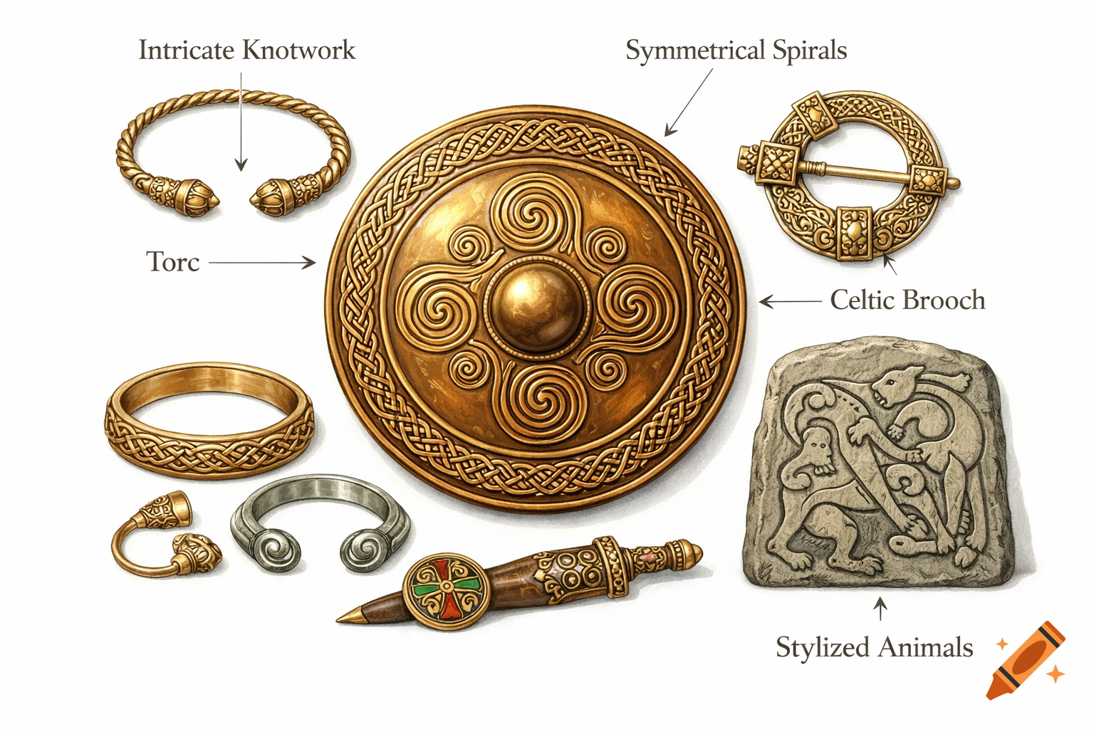 An educational illustration of Celtic art objects like a shield, torc, brooch, ring, and stone carving, with labels and arrows.