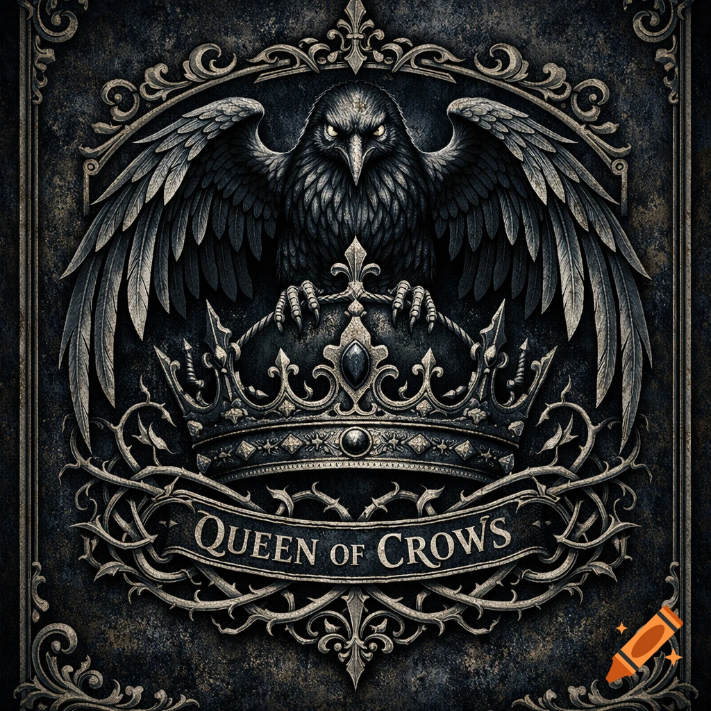 Ornate gothic sigil featuring a menacing black crow with spread wings clutching a crown, with a banner reading 'QUEEN OF CROWS'.