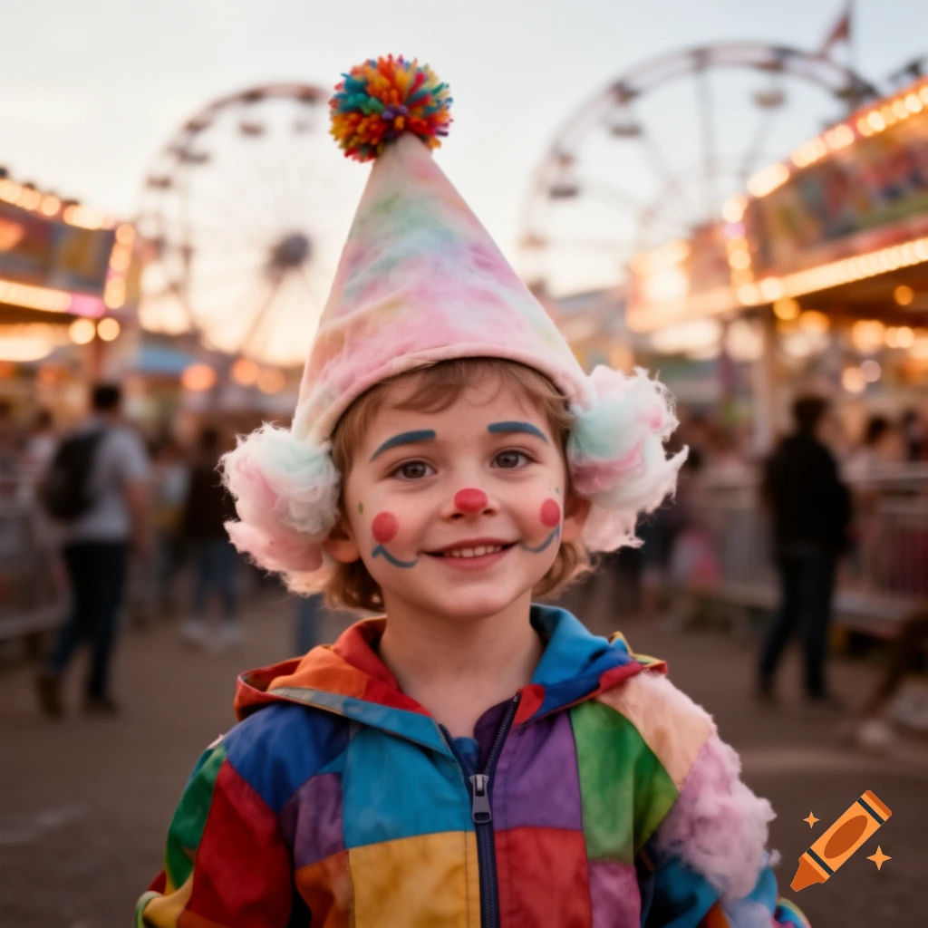 A smiling child in a colorful clown costume and pom-pom hat with face paint at a lively carnival.