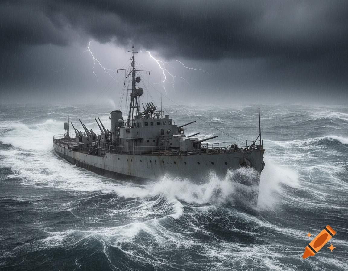 A grey World War 2 armed trawler ship battles large waves in a dark, stormy sea with lightning and heavy rain.