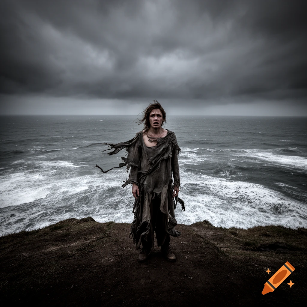 A distressed woman in tattered clothes stands on a dark cliff overlooking a stormy, dark ocean under a menacing sky.