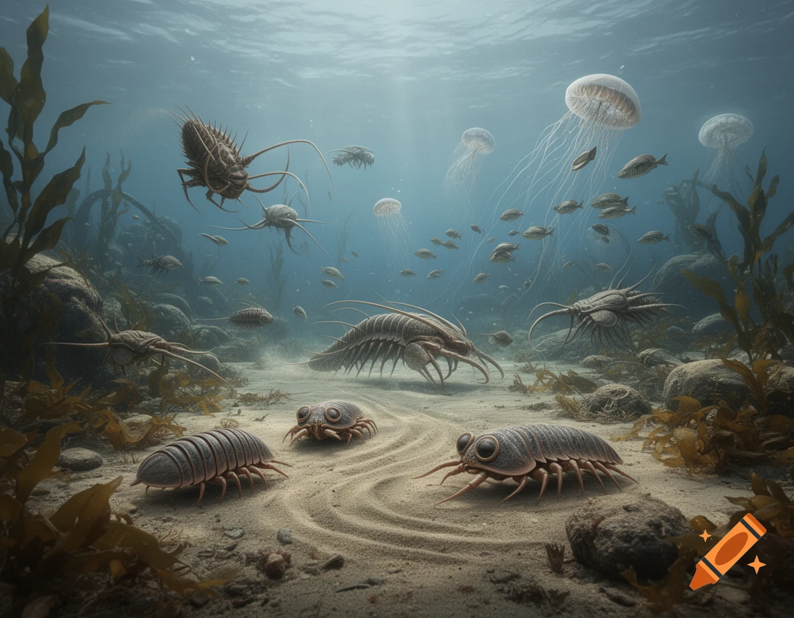 Photorealistic underwater scene of ancient Cambrian marine life, featuring various arthropods, jellyfish, and fish on a sandy seabed.