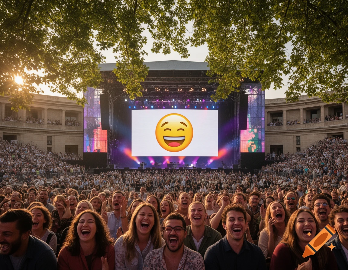 A large outdoor crowd laughs, watching a huge screen displaying a laughing emoji at a concert during sunset.