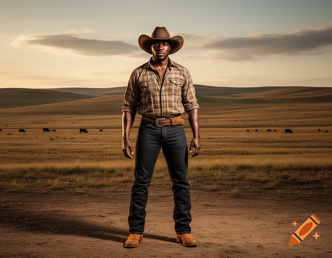 A muscular African American cowboy stands confidently in a vast, sunlit prairie with rolling hills and cattle in the distance.