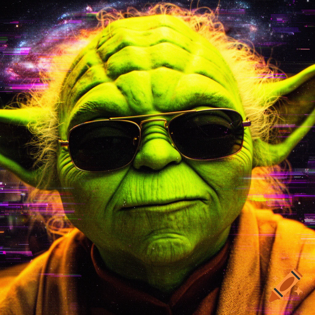 An extremely zoomed-in Yoda face with neon green skin, wearing tiny sunglasses. The background is a distorted galaxy with purple and pink glitch effects, heavy grain, and noise.