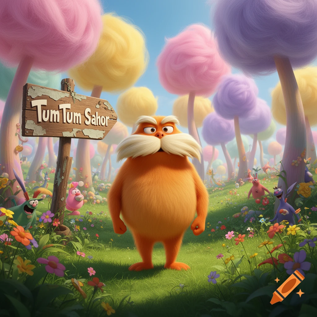 The Lorax stands in a vibrant, animated whimsical forest with colorful trees and small creatures, next to a 'Tum Tum Sahor' sign.