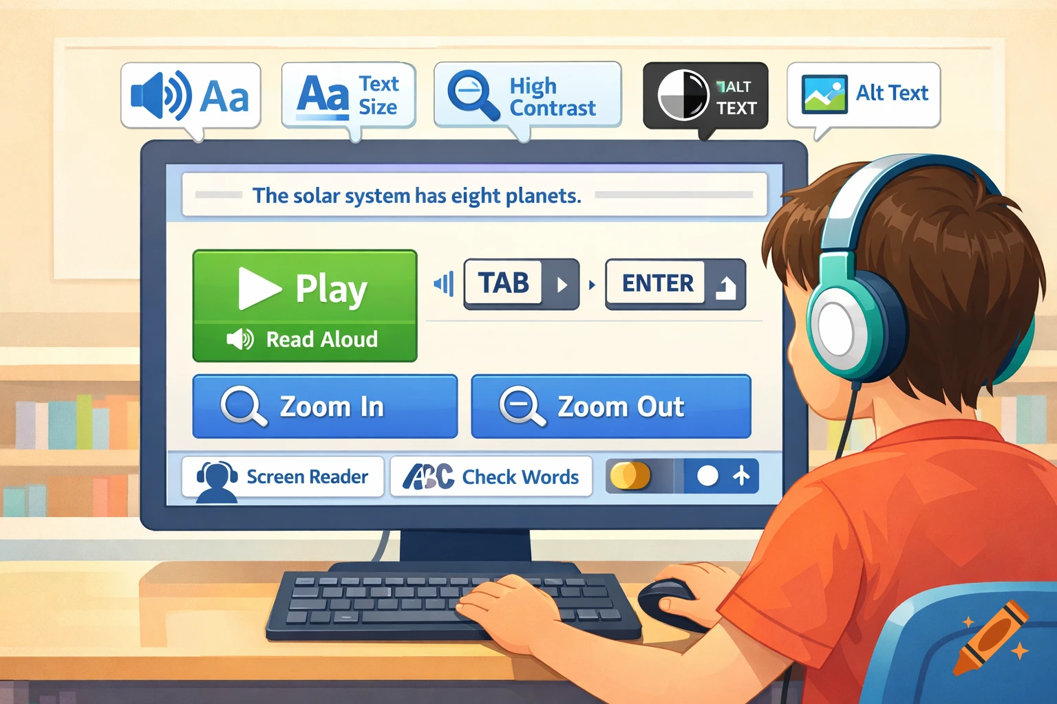 A student wearing headphones sits at a desk, looking at a computer screen displaying an educational interface with accessibility features.