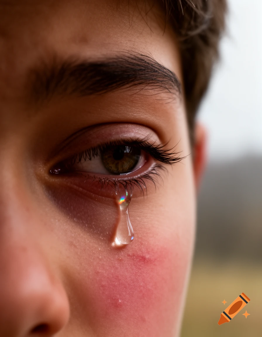 Close-up of a person's eye with a rainbow-colored tear falling down their red cheek, looking emotional.