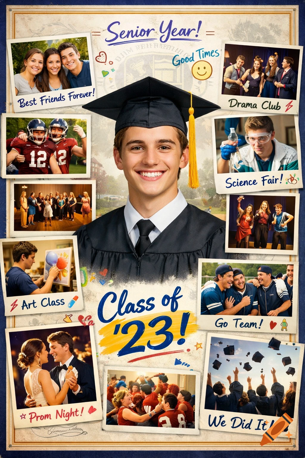 A collage yearbook page with a smiling graduate in the center, surrounded by photos of high school friends, sports, drama club, science fair, art class, prom, and graduation.