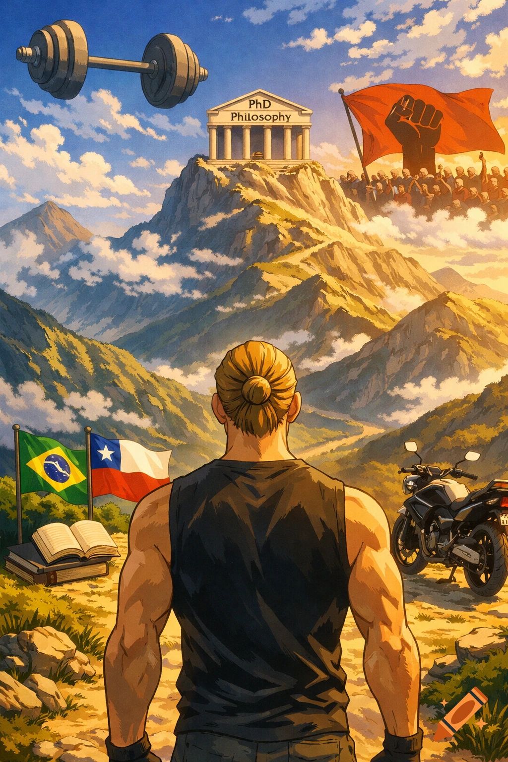 Ghibli style art of a man on a mountain path, looking at symbolic goals: 'PhD Philosophy' temple, dumbbell, flags, books, motorcycle.