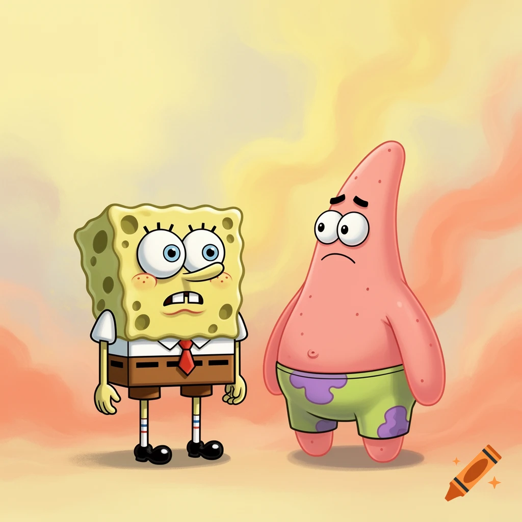 SpongeBob and Patrick stand with uneasy expressions in an uncanny cartoon style against a minimal yellow and orange background.