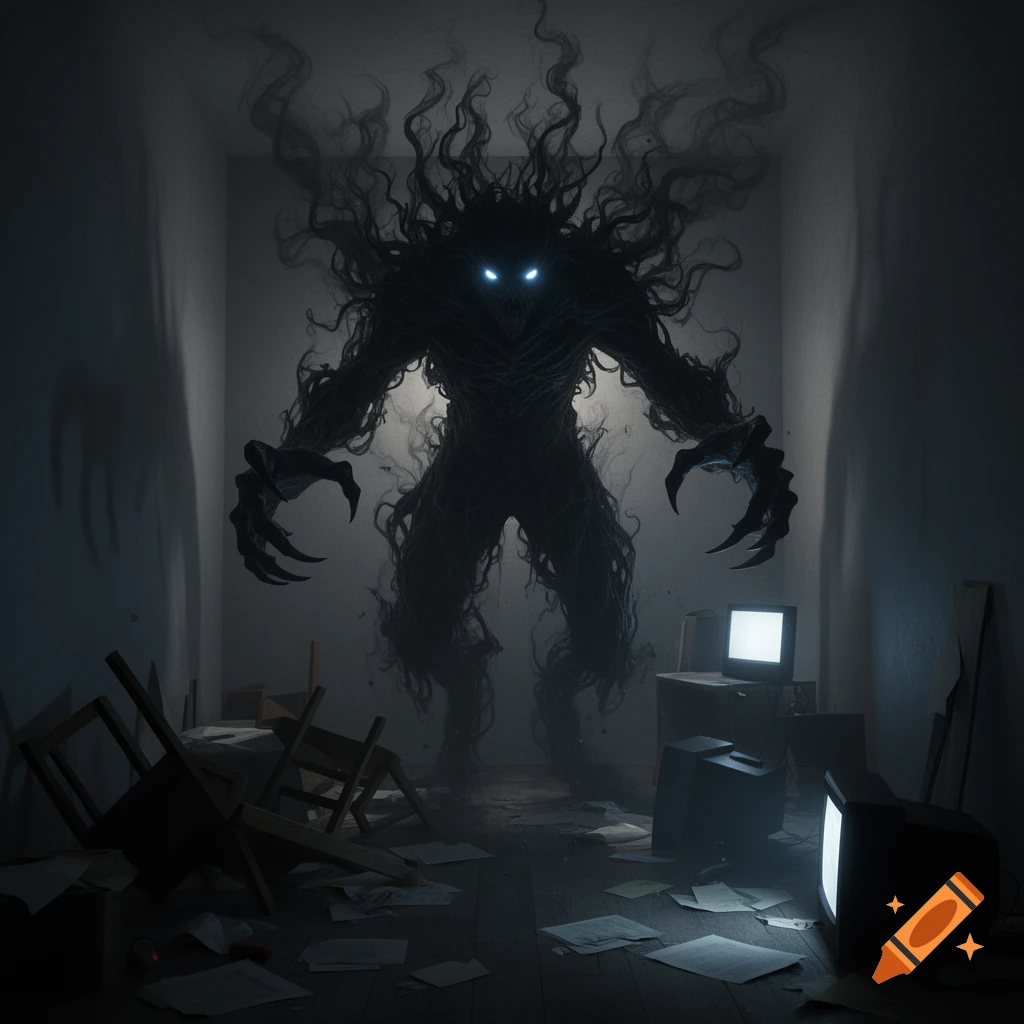 A large, dark, shadowy monster with glowing blue eyes and tendrils ...